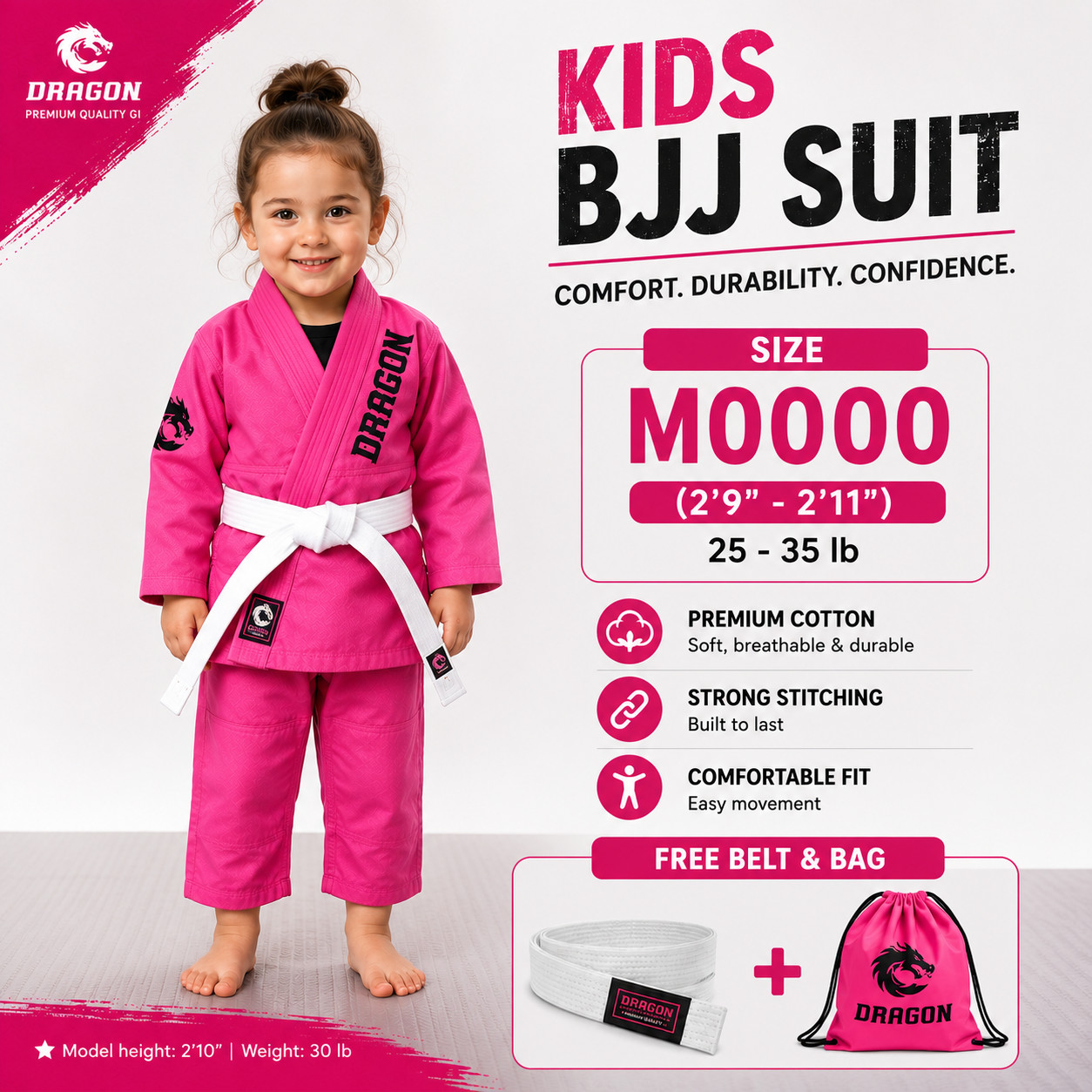 Kids Pink Brazilian Jiu Jitsu Gi with Free Belt & Bag BJJ Training Uniform Sets