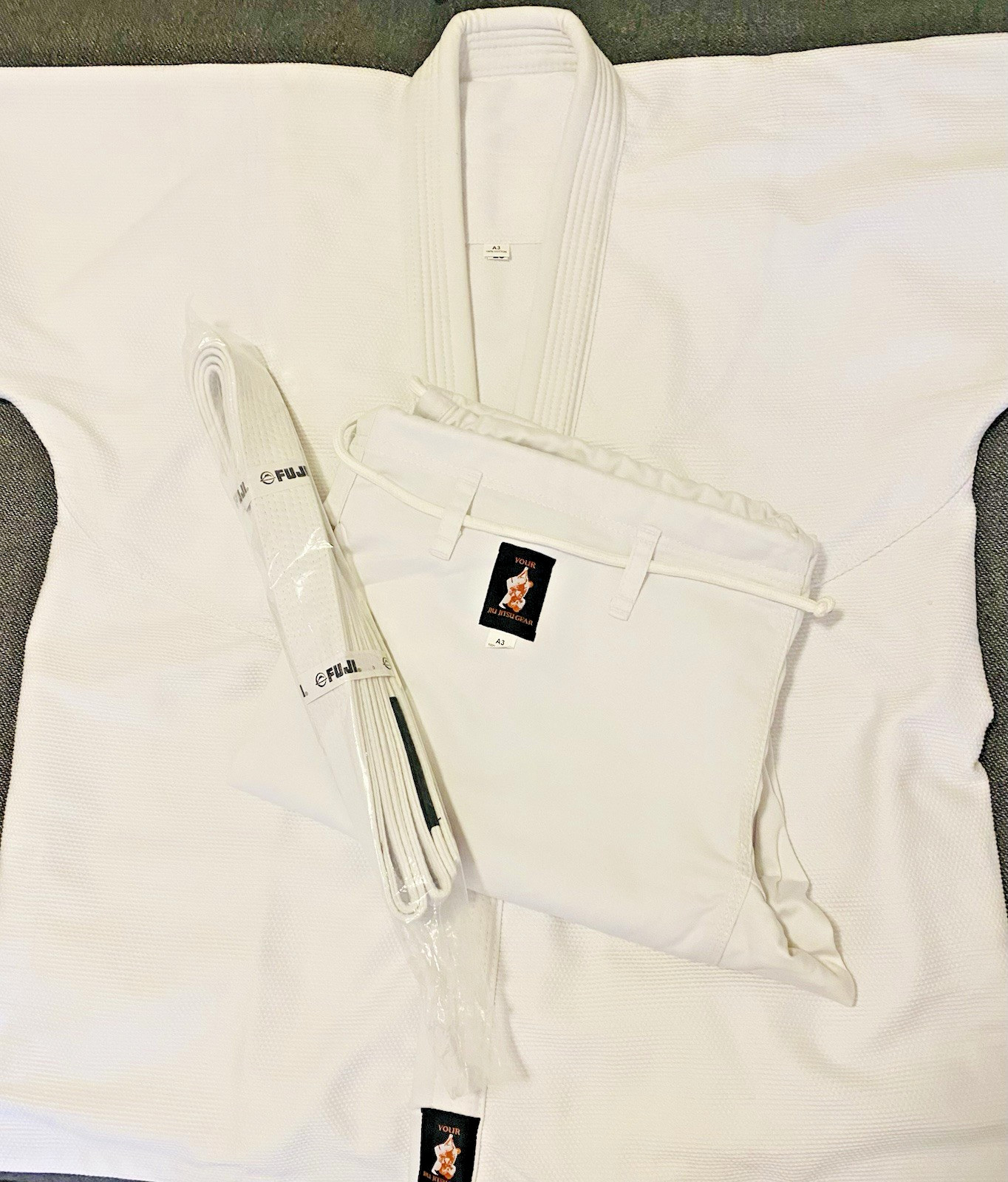 COMPLETE Martial Arts Gi w/Jacket, Pants, Belt YOUR JIU JITSU GEAR White SZ A3