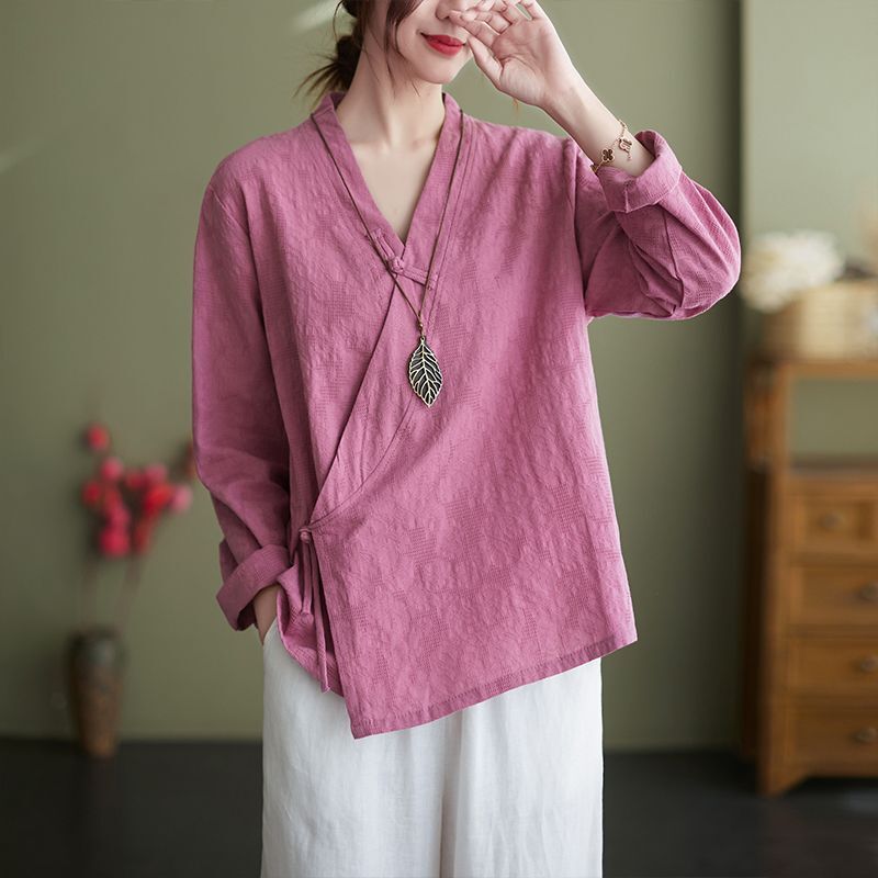 Vintage Diagonal Placket Button-down Shirt Long-sleeved Top Retro Zen