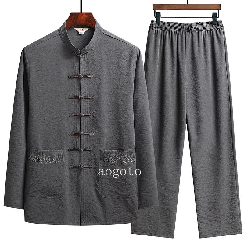 Men Chinese Tang Suit Kung Fu Tai Chi Set Long Sleeve Shirt and Pant Uniform