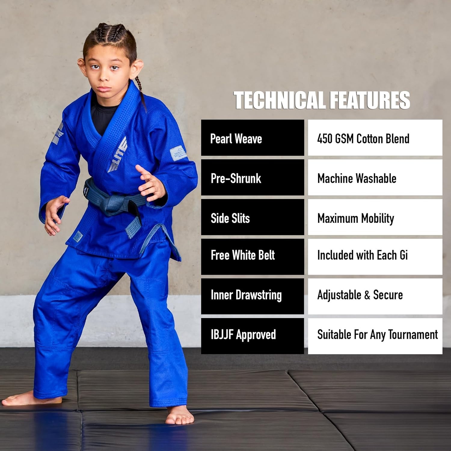 Elite Sports Kids Brazilian Jiu Jitsu Gi Size C2 Blue Preshrunk Fabric Free Belt