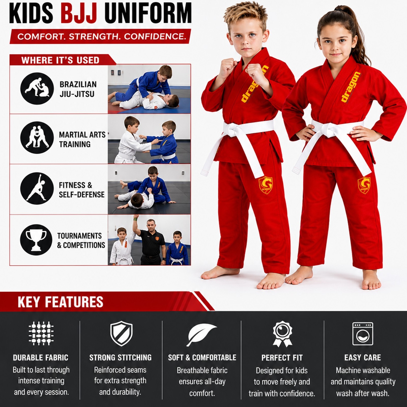 Kids BJJ Gi Brazilian Jiu-Jitsu Martial Arts Uniform Red or Pink with Belt & Bag