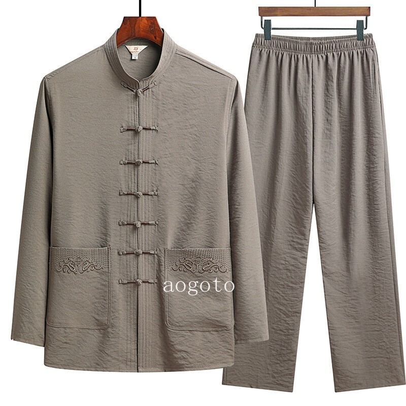 Men Chinese Tang Suit Kung Fu Tai Chi Set Long Sleeve Shirt and Pant Uniform