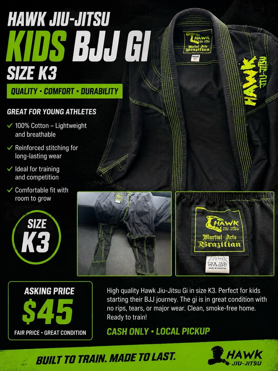 Hawk Jiu-Jitsu Kids Unisex BJJ Gi Set K3 Black/Green Jacket & Pants