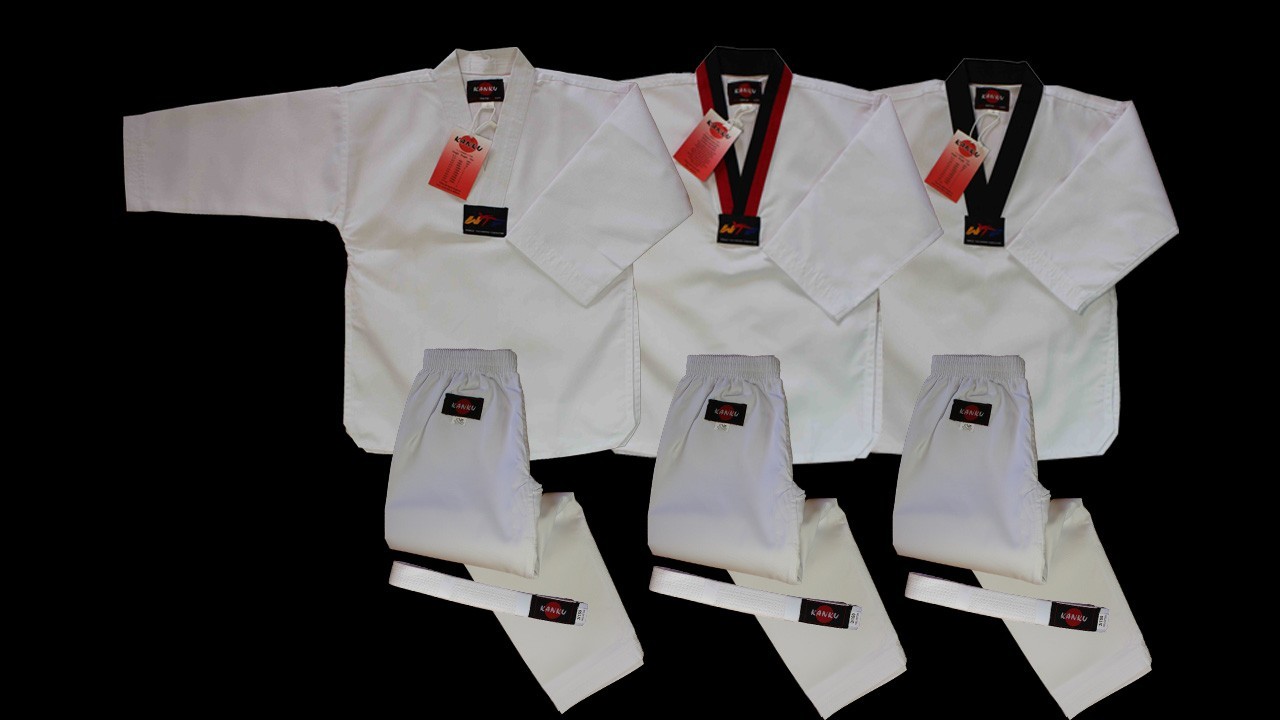 KANKU new Taekwondo Uniform 7.5Oz Adult and Kids WTF, White, black, poom