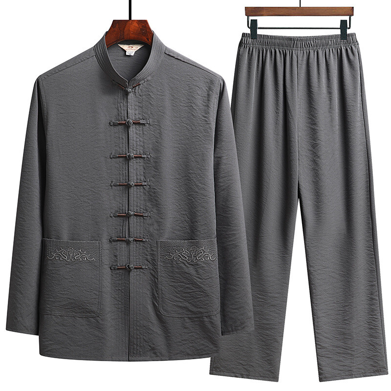 Mens Outfit Tai Chi Set Top Shirt Trousers Frog Button Tang Suit Ethnic Kung Fu