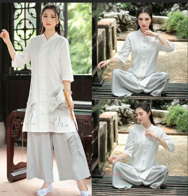 Womens Casual Cotton Linen Yoga Tai Chi Sets Uniform Martial Arts Kung Fu Suit