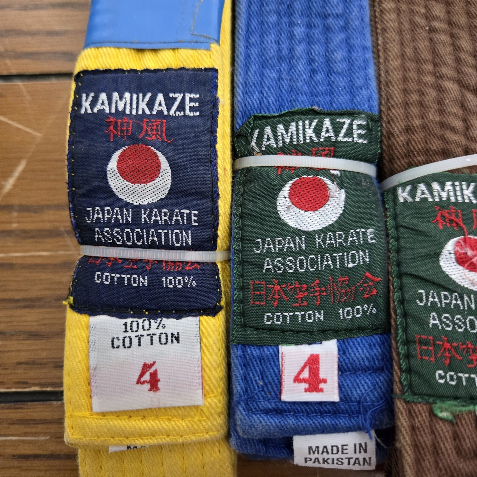 4 NOS Kamikaze Karate Belt Obi Japan Karate Association brand brown Blue Yellow