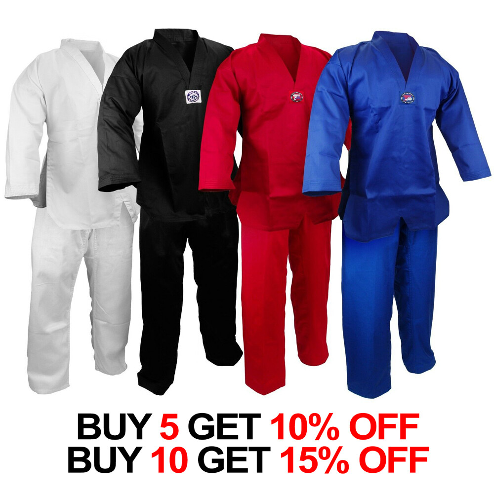 V-Neck Taekwondo 7.5 oz Gi Uniform w/White Belt WH/BK/RED/BLUE (#0000~#8) New