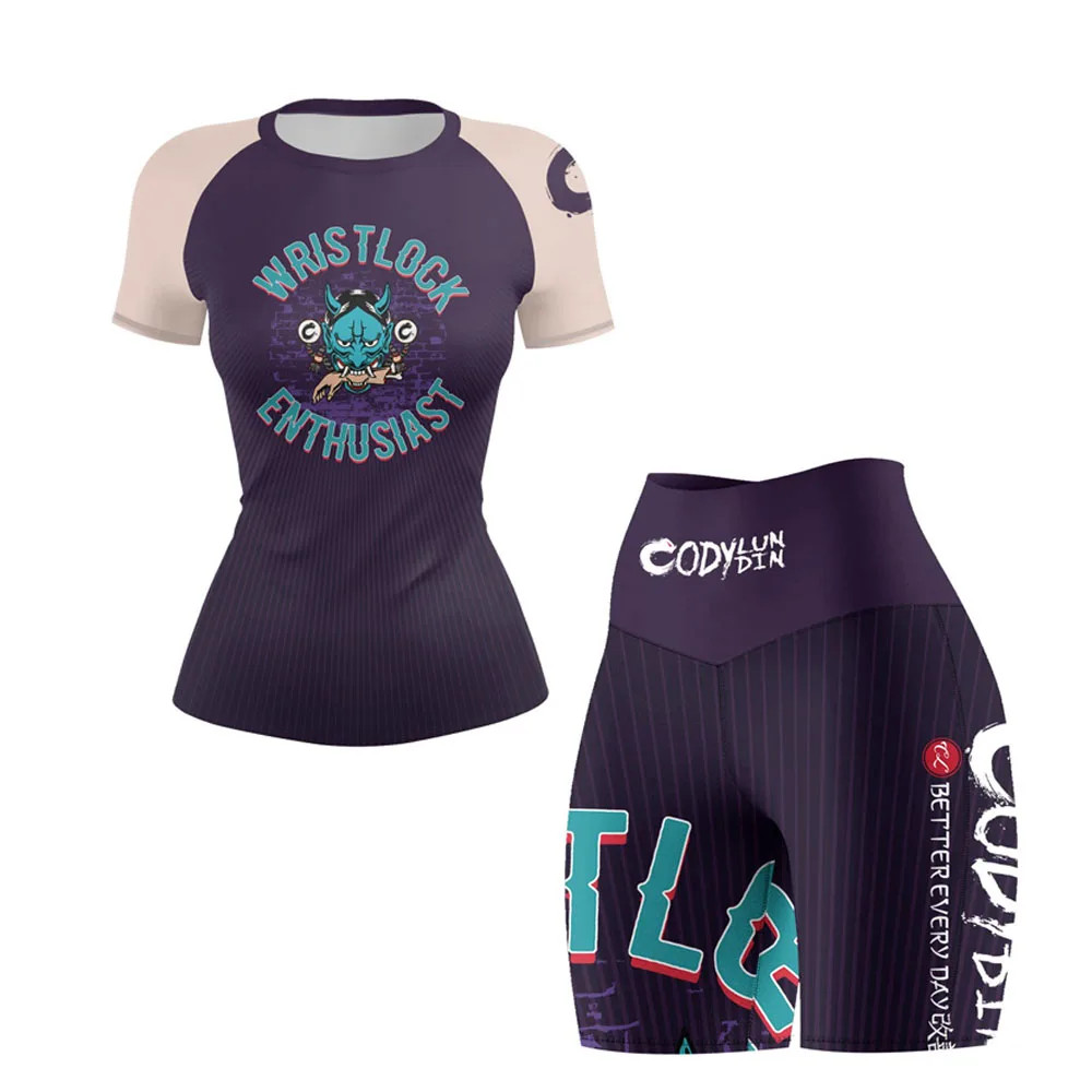 Women’s MMA BJJ Training Shorts Sets Rashguard Gym Jiu-Jitsu Wristlock No Gi