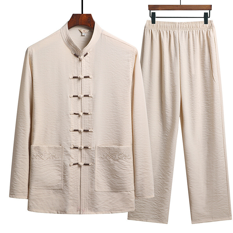 Mens Outfit Tai Chi Set Top Shirt Trousers Frog Button Tang Suit Ethnic Kung Fu