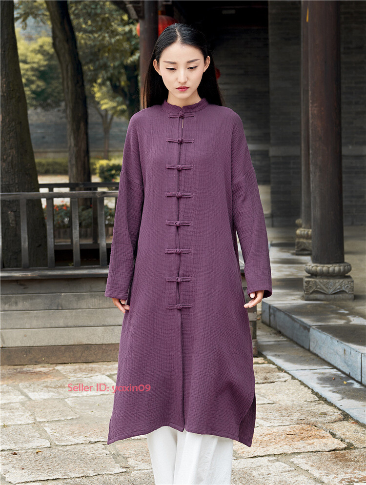 New Women Martial Arts Tai Chi Tang Suit Linen Kung Fu Tops Long Coat Retro Robe