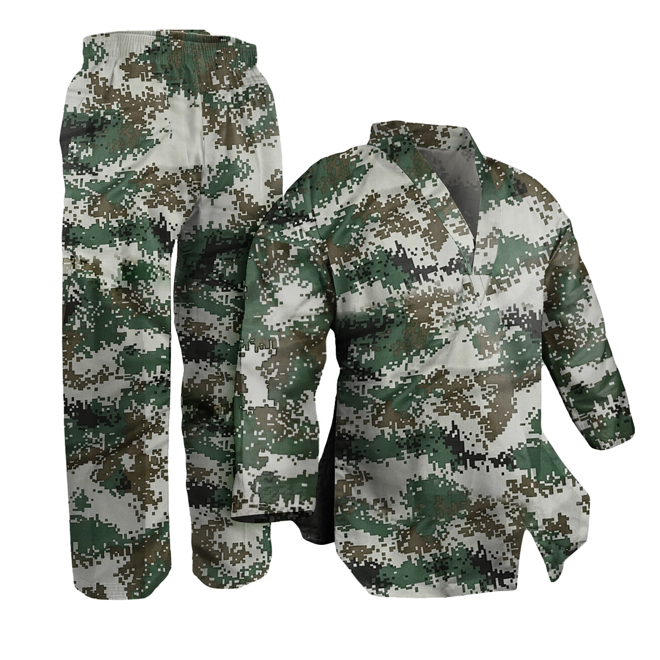 V-Neck Green Digital Camo Taekwondo Karate Gi Uniform Team Demo Martial Arts Set