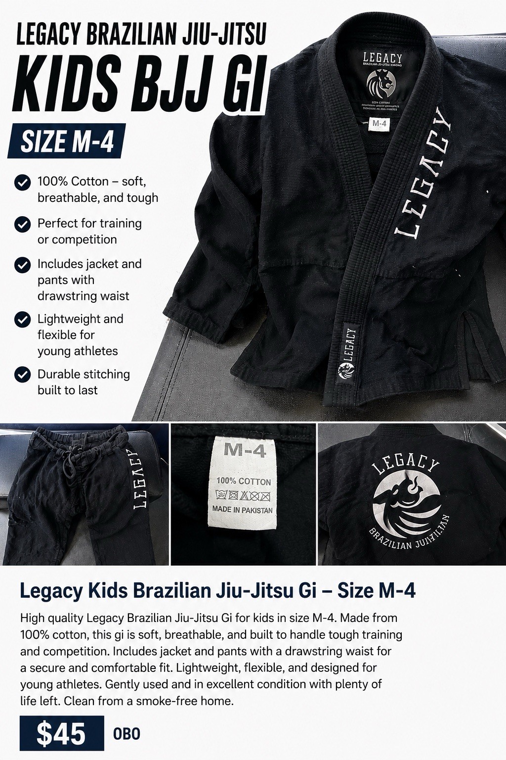 Legacy Kids Unisex BJJ Gi Set M-4 Black Jacket & Pants