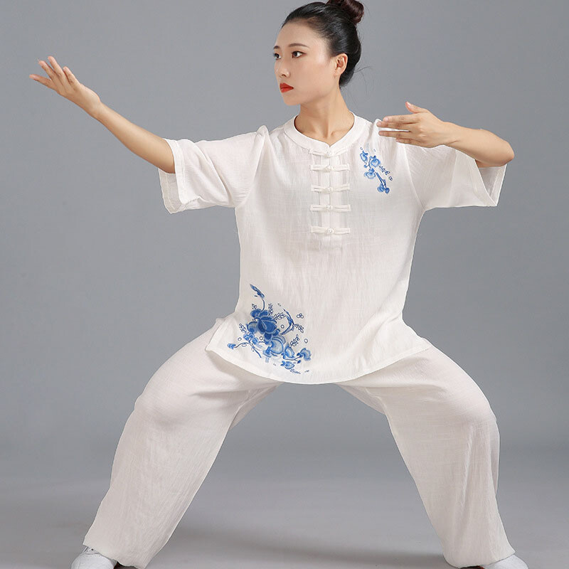 Womens Martial Arts Tai Chi Uniform Loose Kung Fu Suit Sets Flower Embroidery