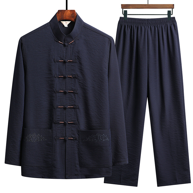 Mens Outfit Tai Chi Set Top Shirt Trousers Frog Button Tang Suit Ethnic Kung Fu