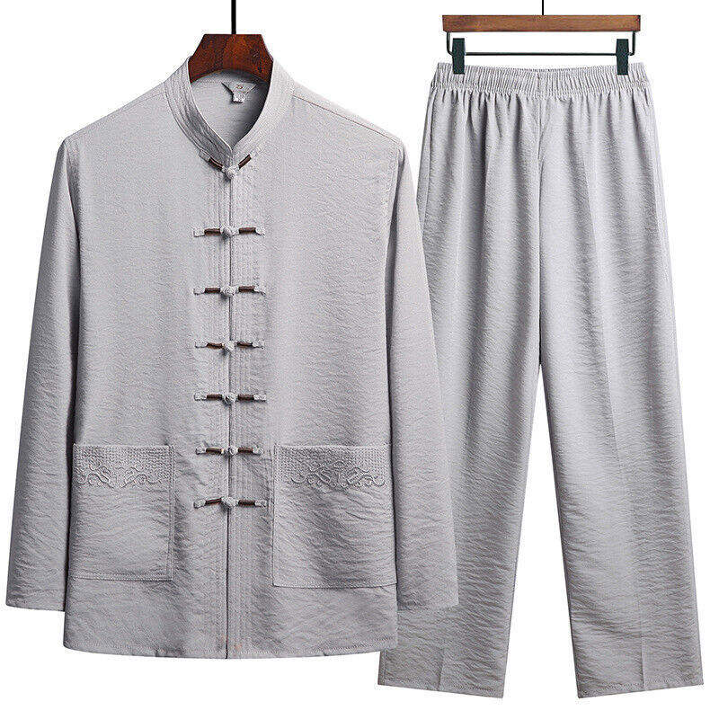 Men Chinese Tang Suit Tai Chi Set Kung Fu Long Sleeve Shirt and Pant Uniform