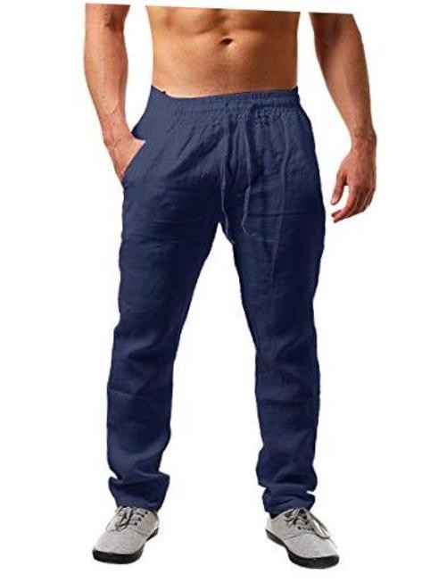 Mens Linen Pants Casual Loose Lightweight Drawstring Medium 01-navy Blue