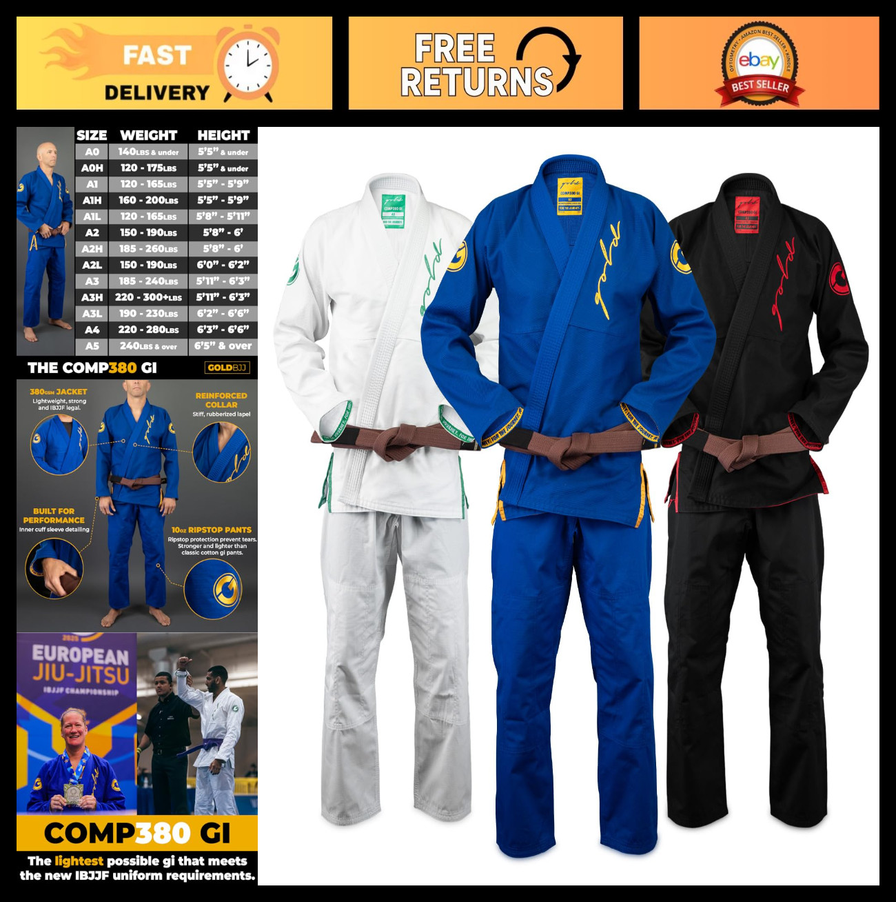 Lightweight IBJJF Legal Jiu Jitsu Gi for Men & Women – Gold BJJ Comp380 Style