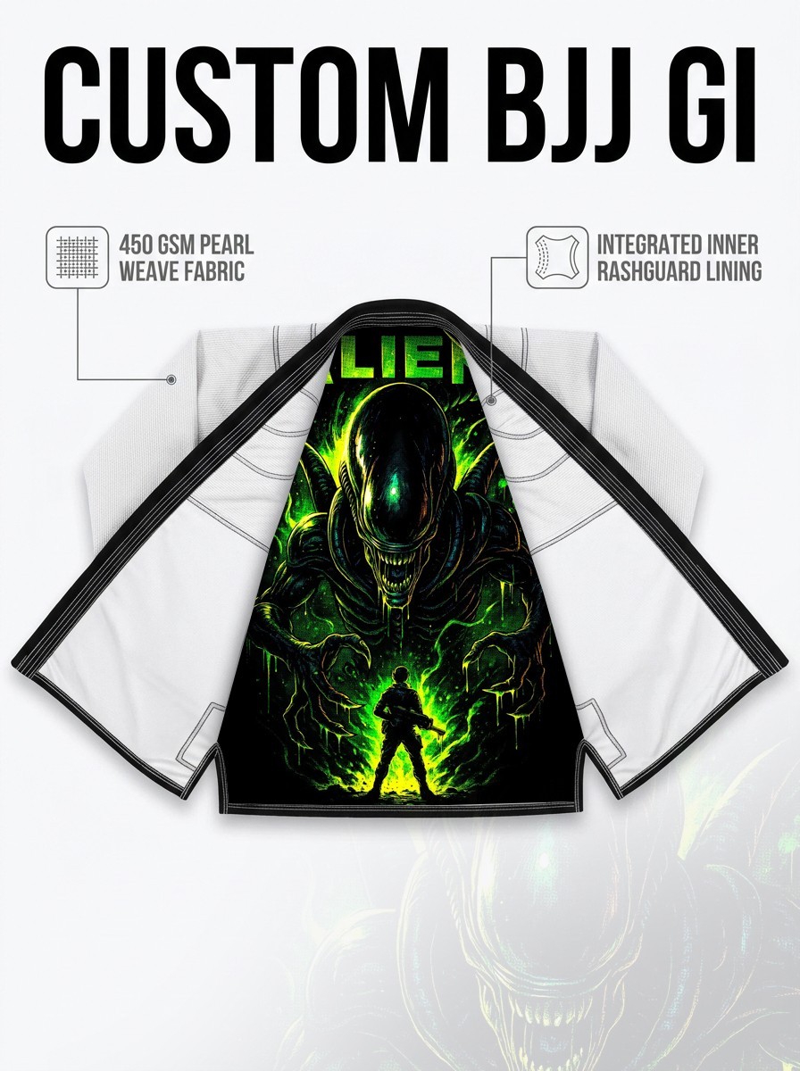 Custom BJJ Gi White 450 GSM Pearl Weave Alien Inspired Inner Lining Uniform