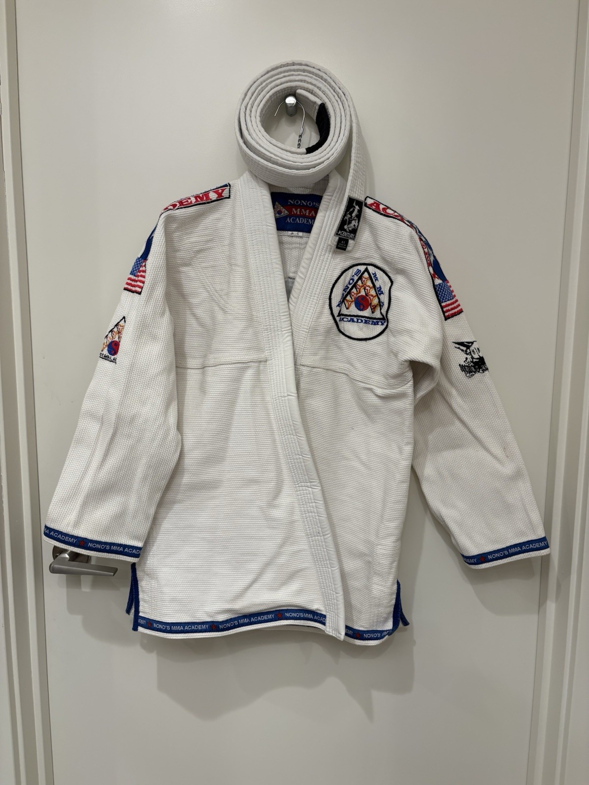 Adult Mens A1 White Jiu Jitsu GI, Top & Bottom #2 Nono’s Academy With White Belt