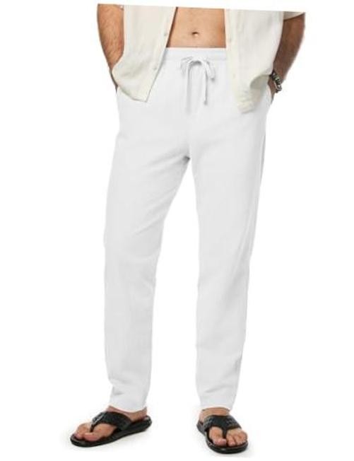 Mens 100% Cotton Pants Casual Elastic Waist Drawstring Medium 1 White