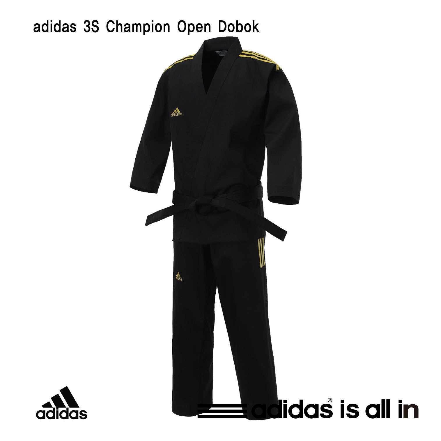 Adidas 3S Boy’s Champion Uniform/Dobok/ITF Style/Open type uniform/Black Uniform