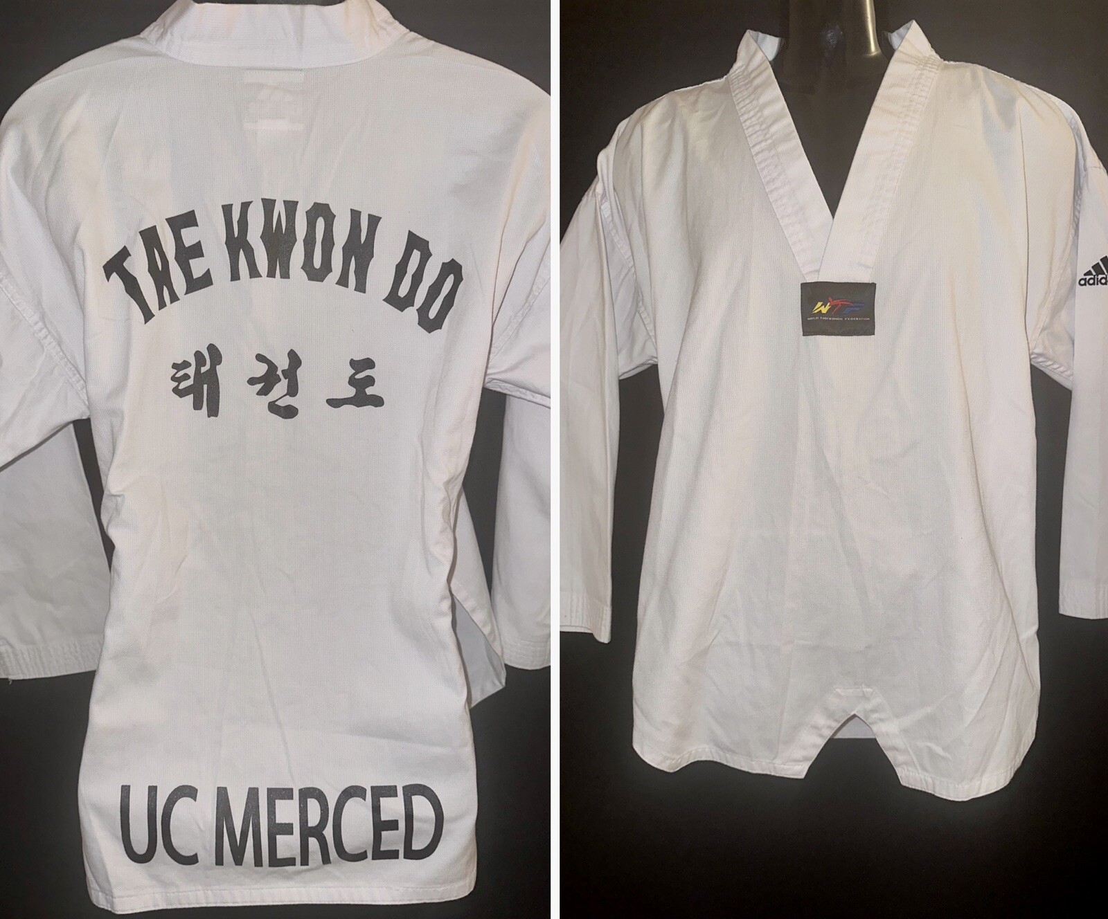 White UC MERCED Bobcats Tan Keon Do Martial Arts ADIDAS Gi Shirt Size 3 170 Cm