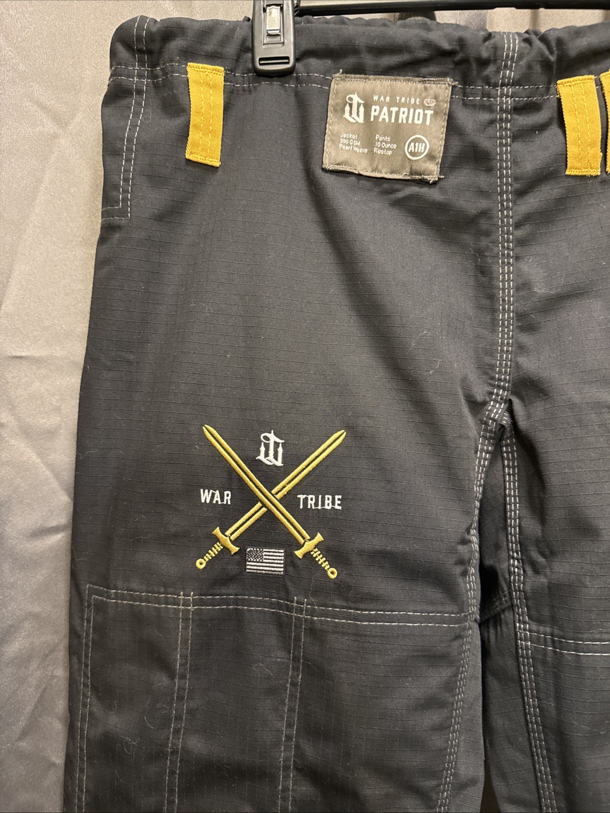 War Tribe Patriot Jiu Jitsu Size: A1H -Black Pants 10oz Ripstop Black and Gold