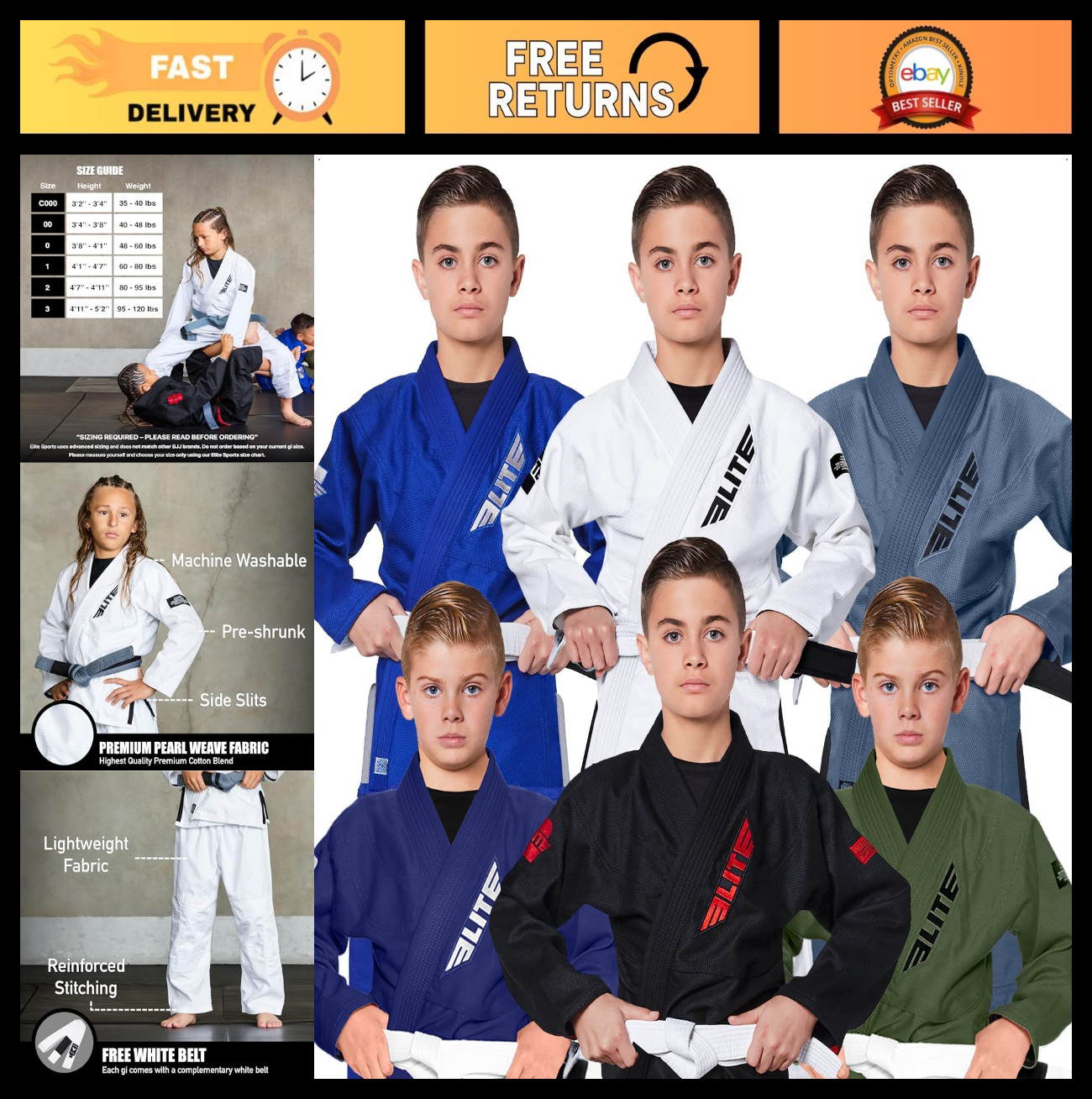 Ultra Light BJJ Gi for Kids – Preshrunk Fabric, Free Belt, Brazilian Jiu Jitsu U