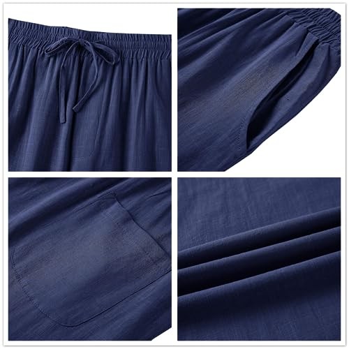 Mens Linen Pants Casual Loose Lightweight Drawstring Medium 01-navy Blue