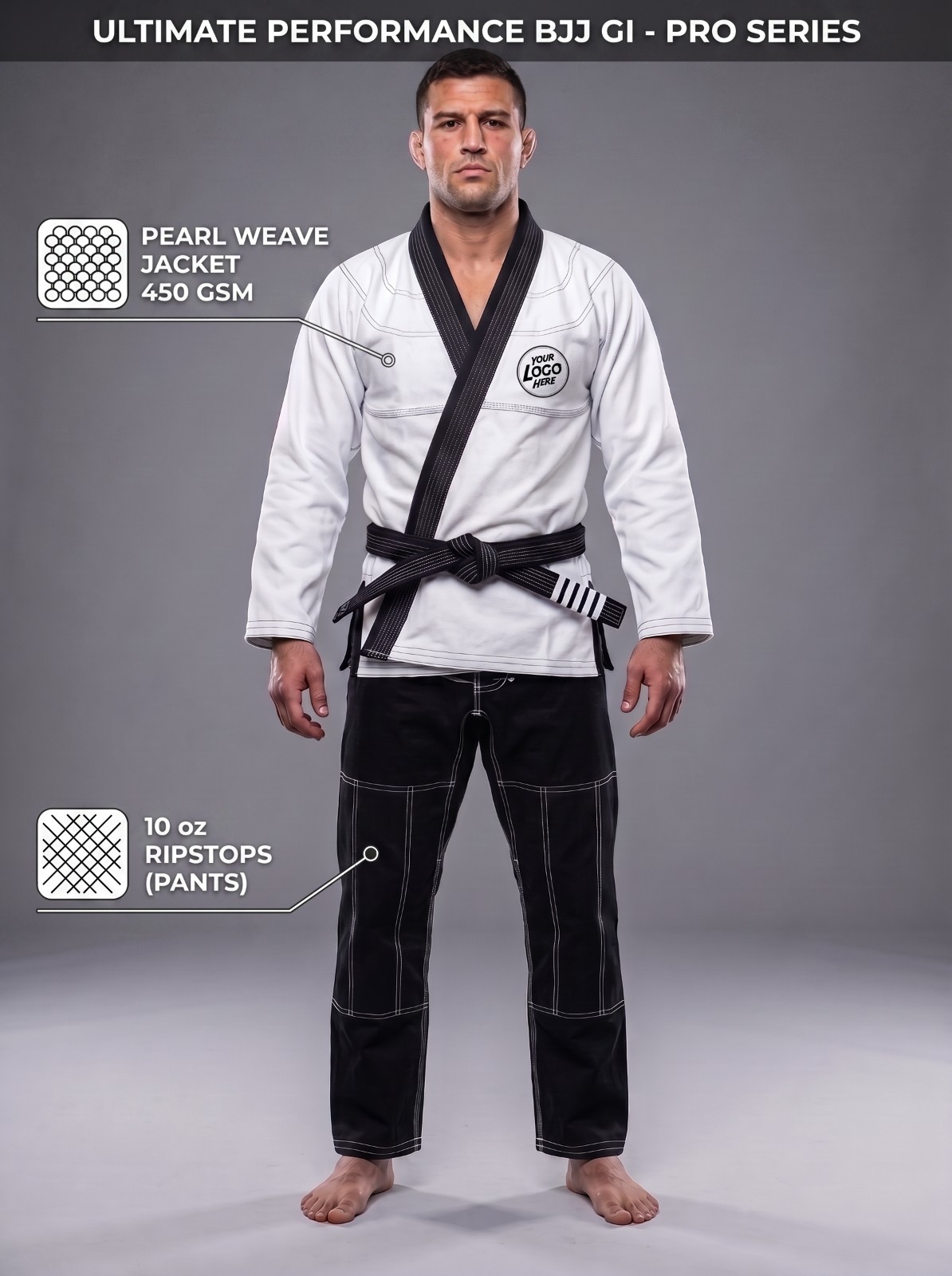 Premium Custom White BJJ Gi | 450 GSM Pearl Weave | 10 oz Ripstop Cotton Pants