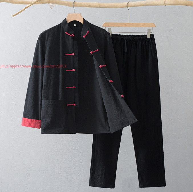 Men Chinese Traditional Linen Cotton Tai Chi Kung Fu Uniform buckle Shirt+pants