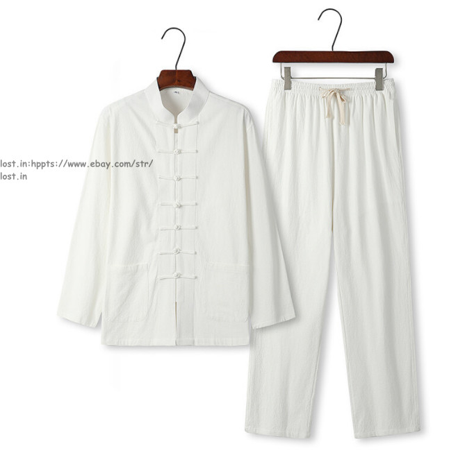 Chinese Traditional Tang Suit Kung Fu Tai Chi Uniform Men Linen Shirt+Pants Set
